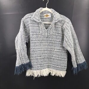 VTG Earth Ragz Blue White Fringe Knit boho beach coastal hippy popover Sweater S